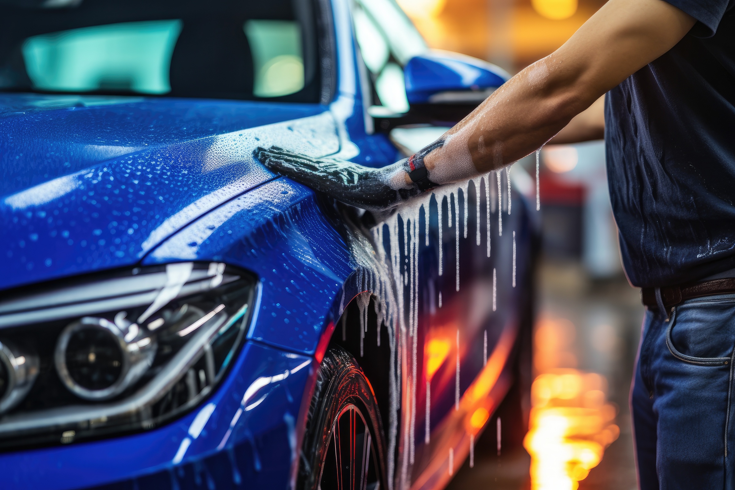 menu-02 Large Ai Generated Professional Mechanic Working In Garage An Employee Of A Car Wash Or Car Shop Thoroughly Washes A Blue Car Ai Generated